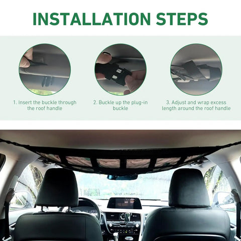 Installation steps for Double Layer Roof Cargo Net With 9 Straps, Zippered Pocket And Double Mesh Storage for Cars, 31.5x21.6 Inches