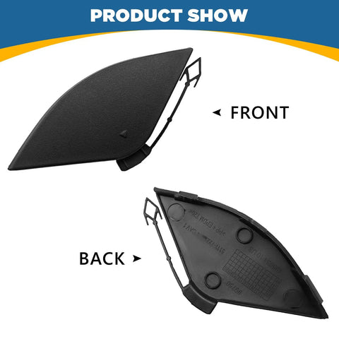 Front and back view of the Front Bumper Tow Hook Cover For BMW X5 E70 2011 2012 2013 Right Passenger Side Unpainted Towing Eye Cap Replacement 51117222744.