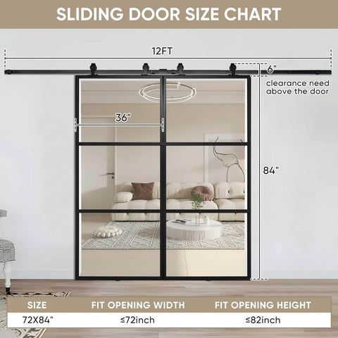 Double Barn Door Set 72 By 84 Inches With 12 Ft Hardware Kit And Soft Close Clear Tempered Glass Panels 36x84 In Each