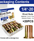 1/4-20 Rivet Nuts Zinc Plated Carbon Steel Threaded Insert Rivnut Flat Head UNC 20 Pieces in packaging