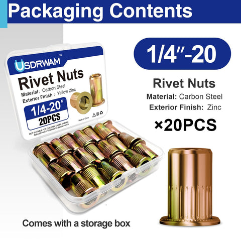 1/4-20 Rivet Nuts Zinc Plated Carbon Steel Threaded Insert Rivnut Flat Head UNC 20 Pieces in packaging