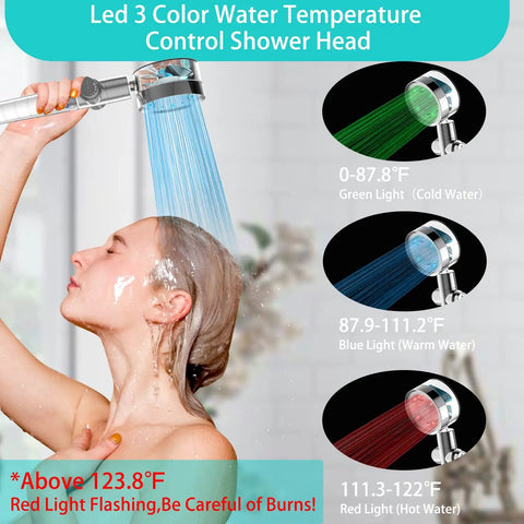 Woman using LED Shower Head With Handheld And 3 Color Temperature Changing Light Water Powered No Batteries High Pressure Turbo Hydro Jet Detachable Shower Kit