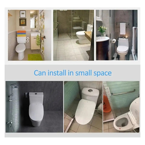 Collage of bathrooms showing the Premium Comfy Smart Heated Toilet Seat With Electric Bidet Cover in small spaces.