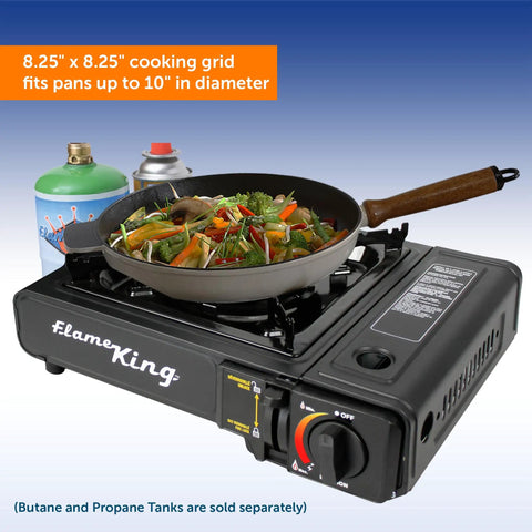 Dual Fuel Gas Camping Stove for Butane or Propane with Regulator Hose, Single Burner cooking vegetables in a frying pan.