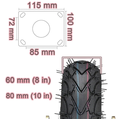 Heavy Duty Industrial Casters, Four Piece Replacement Kit with pneumatic rubber wheels measuring 60 mm, 80 mm, durable and designed for upgrades.