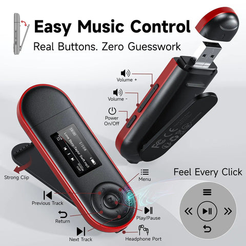 64GB USB MP3 Player With Bluetooth 5.3 Clip For Running And Sports Physical Buttons For Instant Control, showing controls and clip