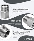 Two Pack 3/8 NPT Female To 1/2 NPT Male Hex Pipe Fitting Reducer Adapter Tough As Nails 304 Stainless Steel Build visible from multiple angles.