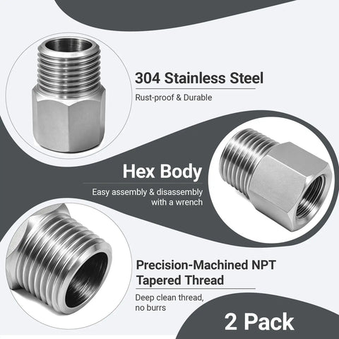 Two Pack 3/8 NPT Female To 1/2 NPT Male Hex Pipe Fitting Reducer Adapter Tough As Nails 304 Stainless Steel Build visible from multiple angles.