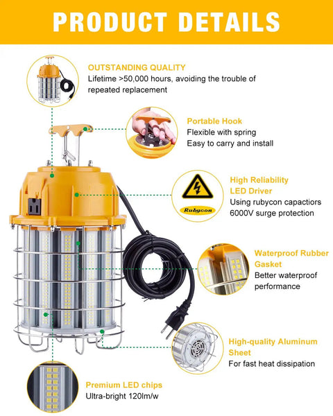 LED Temporary Work Light 100W With 12000 Lumens And 5000K Daylight Stainless Steel Guard details and components