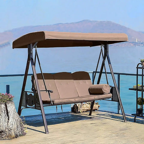 Beige 3 Seater Patio Swing Canopy Replacement Top Cover Waterproof Windproof Rainproof Sunproof 210D Oxford Cloth on swing