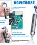 Instructions for using a No Clog Desoldering Pump with powerful vacuum and silicone nozzle for electronics repair.