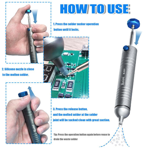 Instructions for using a No Clog Desoldering Pump with powerful vacuum and silicone nozzle for electronics repair.