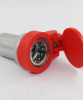 Side view of red 1/2 in hydraulic quick-connect coupling with metal insert and dust cap