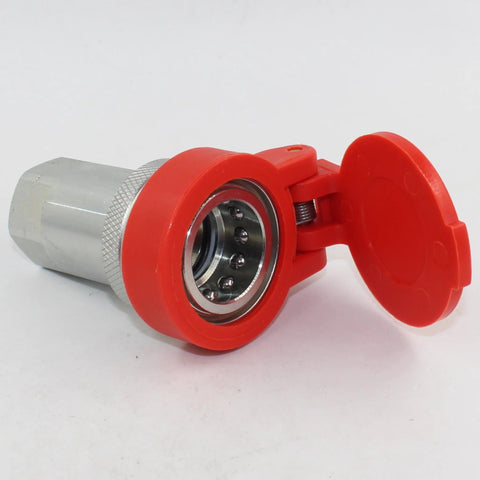 Side view of red 1/2 in hydraulic quick-connect coupling with metal insert and dust cap