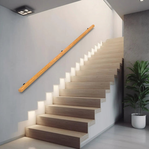 Tough As Nails 2 Feet Wooden Stair Handrail Wall Mount on modern staircase, smooth pine material enhancing safety, indoor use.