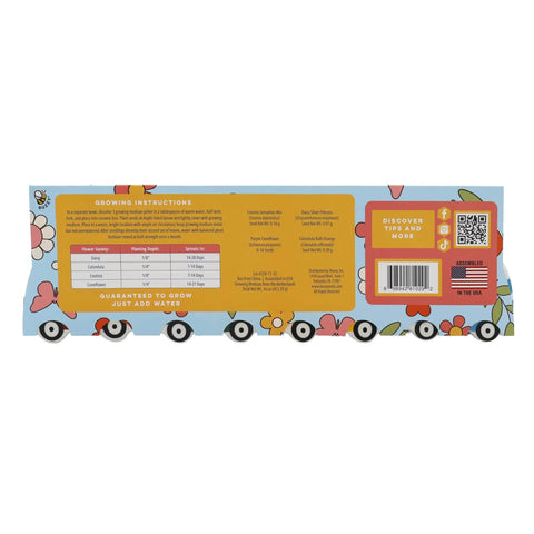 Back view of Mini Ceramic Flower Bus Grow Kit Four Pack With Colorful Retro Bus Planters And Seeds Daisy Cosmos Calendula Coneflower