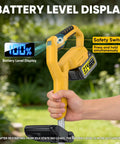 Hand holding Beast Cordless Tiller Cultivator with LED power display for easy monitoring, focus on handle and battery level indicator.