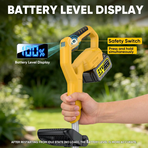 Hand holding Beast Cordless Tiller Cultivator with LED power display for easy monitoring, focus on handle and battery level indicator.