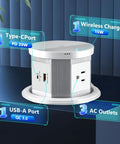 Splash Resistant Pop Up Countertop Outlet With 15W Wireless Charger And Dual USB Ports For Instant Plug And Play Setup Three Grounded Ac Outlets No Sweat Home Kitchen Upgrade White with ports showcased.