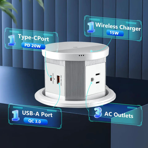 Splash Resistant Pop Up Countertop Outlet With 15W Wireless Charger And Dual USB Ports For Instant Plug And Play Setup Three Grounded Ac Outlets No Sweat Home Kitchen Upgrade White with ports showcased.
