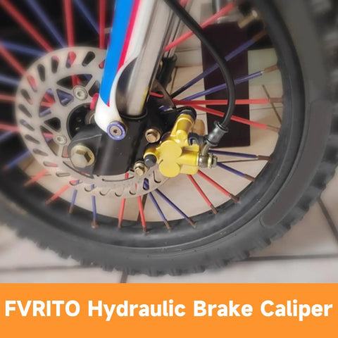 Beefy Front Hydraulic Disc Brake Caliper Assembly And Master Cylinder Kit With Pads Bolt On For 50cc To 125cc Pit Dirt Bikes Including SSR Apollo Taotao Coolster DHZ Stomp Demon X Thumpstar Pitster Pro Roketa And More installed on bike