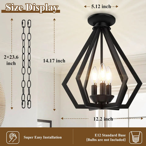 Dope Black Pendant Light For Kitchen Island With Adjustable Hanging Height, 3 Light Farmhouse Chandelier Style in size display