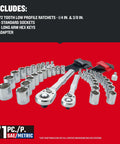 Knuckle Busting 71 Piece Mechanics Tool Set With 1/4 And 3/8 Inch Drive Sockets including ratchets, sockets, and hex keys on red backdrop.