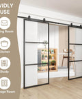 Double Barn Door Set 72 By 84 Inches With 12 Ft Hardware Kit And Soft Close Clear Tempered Glass Panels 36x84 In Each Carbon Steel Frame Sliding Door System For Easy No Fuss Assembly installed in living area.