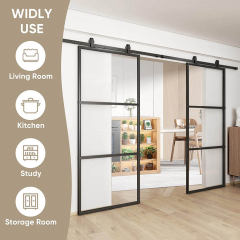 Double Barn Door Set 72 By 84 Inches With 12 Ft Hardware Kit And Soft Close Clear Tempered Glass Panels 36x84 In Each Carbon Steel Frame Sliding Door System For Easy No Fuss Assembly installed in living area.