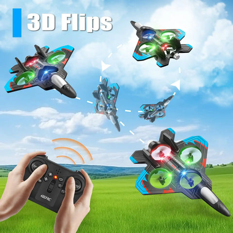 V32 Foam Remote Control Airplane With Light 360 Degree Flip Fighter Jet performing stunt rolls in a field with remote control.