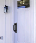 Beefy Heavy Duty Sliding Door Pulls And Push Plate Handles installed on white barn door, black alloy steel, 199x65mm fit
