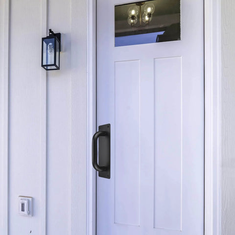Beefy Heavy Duty Sliding Door Pulls And Push Plate Handles installed on white barn door, black alloy steel, 199x65mm fit