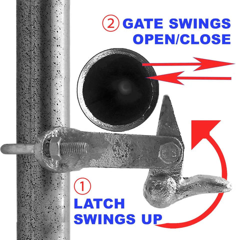 Duck Bill Gate Holdback Fits One To Two Inch Posts Keeps Your Gate Wide Open Without Breaking A Sweat Hands Free Fence Hardware shown with latch mechanism.