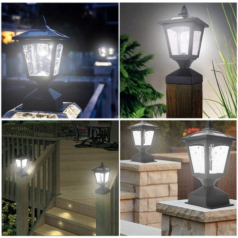 Outdoor Post Lights Two Pack No Fuss Install Lamp Post Cap Lights For Wood Fence Posts Pathway Deck With Lit 15 Lumen LED Garden Lighting For Safety And Curb Appeal displayed on outdoor posts at night