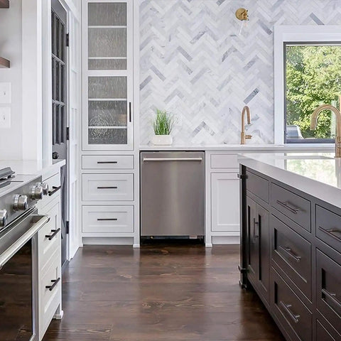 Modern kitchen with 30 Pack Oil Rubbed Bronze Cabinet Drawer Pulls Made From Solid Stainless Steel For Kitchen Cabinets Built To Last Beefy Five Inch Center To Center Half Inch Diameter Rugged Heavy Duty Hardware on white and dark cabinets.