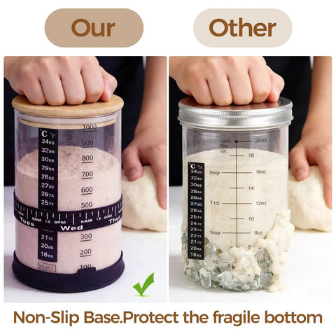 Comparison of Pro Sourdough Bread Starter Kit With 34 Oz Jar Funnel Opening Silicone Cover and another jar, highlighting non-slip base.