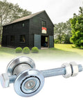 Tough As Nails M10 Track Roller Wheels Featuring 38mm Dead Smooth Premium Stainless Steel Beam Trolley Assembly Rustproof Garage Barn Sliding Door Easy Install Kit on a barn door with bolt.