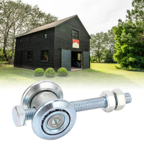 Tough As Nails M10 Track Roller Wheels Featuring 38mm Dead Smooth Premium Stainless Steel Beam Trolley Assembly Rustproof Garage Barn Sliding Door Easy Install Kit on a barn door with bolt.