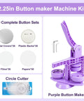 Lavender Purple Button Maker Machine With 30 Complete Pin Press Parts And Totally Rad DIY Badge Crafting Kit For Easy Peasy School Activities And Weekend Party Vibes, showing button sets and circle cutter.