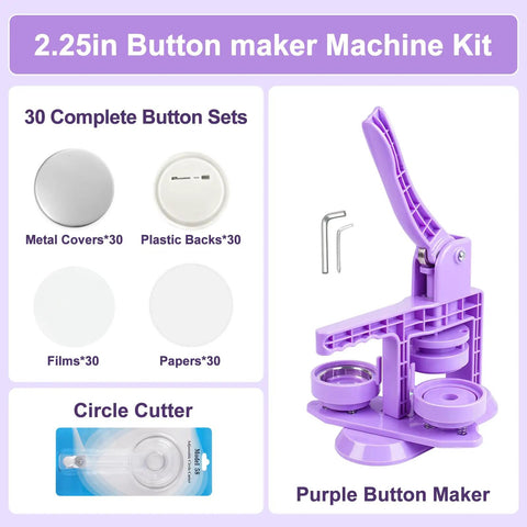 Lavender Purple Button Maker Machine With 30 Complete Pin Press Parts And Totally Rad DIY Badge Crafting Kit For Easy Peasy School Activities And Weekend Party Vibes, showing button sets and circle cutter.