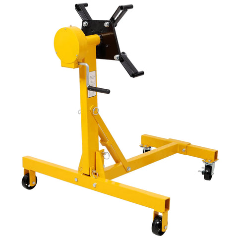 Heavy Duty 1000 Pound Engine Stand With Slick Rolling Wheels 360 Degree Rotation, yellow steel frame designed for engine repairs.