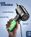 Person holding Electric Air Duster With Led Light Cordless Rechargeable 130000 RPM Blower, highlighting safety features.