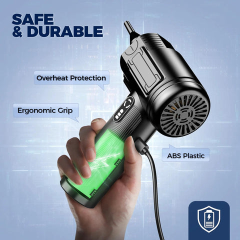 Person holding Electric Air Duster With Led Light Cordless Rechargeable 130000 RPM Blower, highlighting safety features.