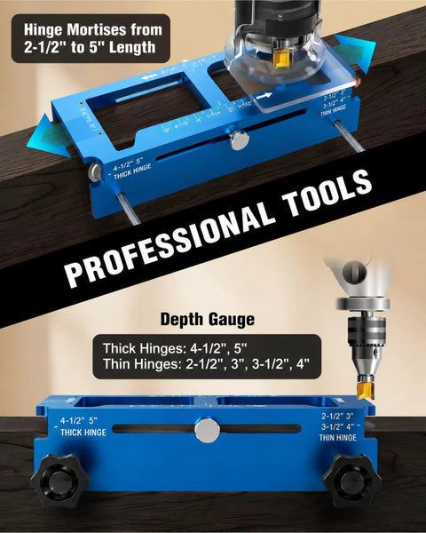 All In One Door Prep System With Adjustable Hinge Jig And Lock Installation Kit For DIY Folks, blue template showing hinge mortise depths.