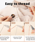 Step-by-step guide showing how to use the 37 Piece Big Eye Stainless Steel Sewing Needles Kit with Threader and accessories for hand sewing.
