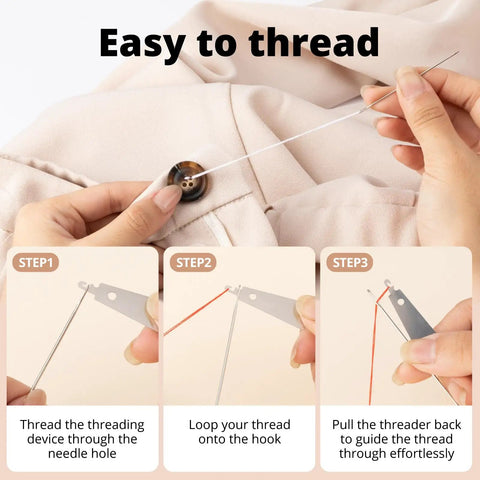 Step-by-step guide showing how to use the 37 Piece Big Eye Stainless Steel Sewing Needles Kit with Threader and accessories for hand sewing.