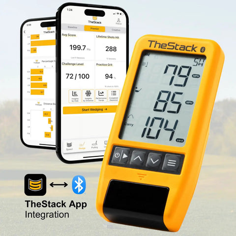 Radar Golf Launch Monitor And Swing Analyzer, App Based Training System For Real Time Swing Speed And Ball Speed, Estimated Carry Distance, Smash Factor, Portable Golf Practice Aid For Range And On Course Training showing device with app interface.
