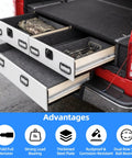 Beefy Heavy Duty Drawer Slides 22 Inch Long, 53 mm Wide, 2.1 Inches Full Extension 3 Fold, Ball Bearing, Side Mount, Up To 250 Lb Load, installed in truck bed.