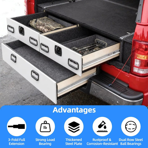 Beefy Heavy Duty Drawer Slides 22 Inch Long, 53 mm Wide, 2.1 Inches Full Extension 3 Fold, Ball Bearing, Side Mount, Up To 250 Lb Load, installed in truck bed.