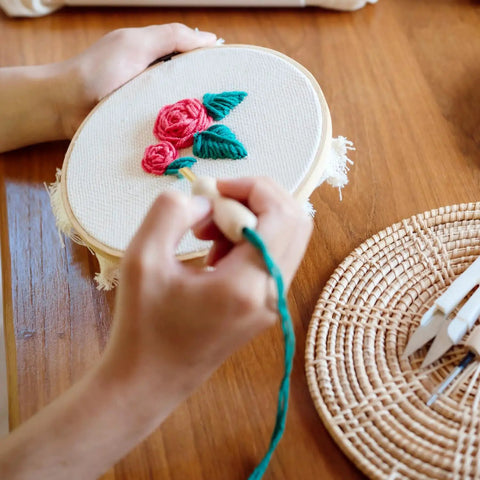 Adjustable Punch Needle Embroidery Kit For Beginners And Adults With Wooden Handle in use creating floral wall art